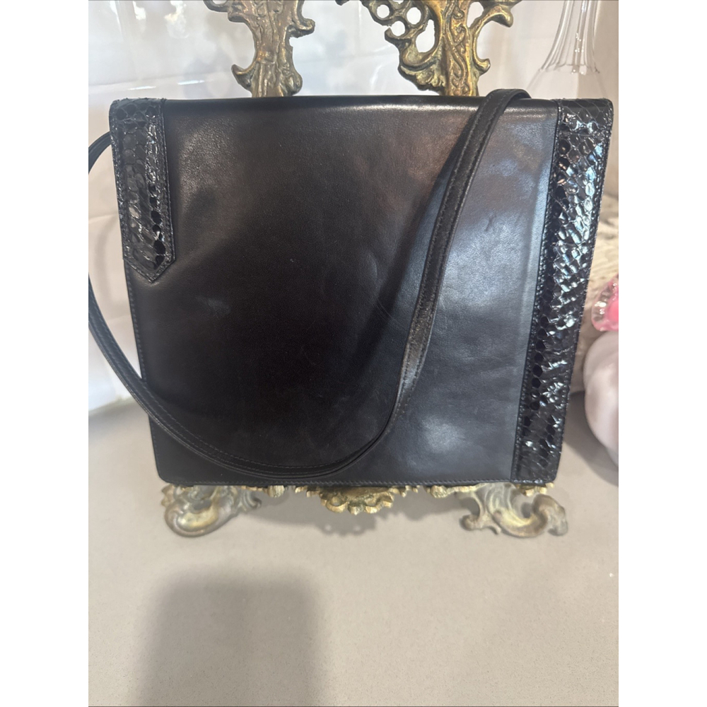 Vintage Valentino Garavani Black Leather Python Trim Top Handle Bag Italy - Picture 3 of 11